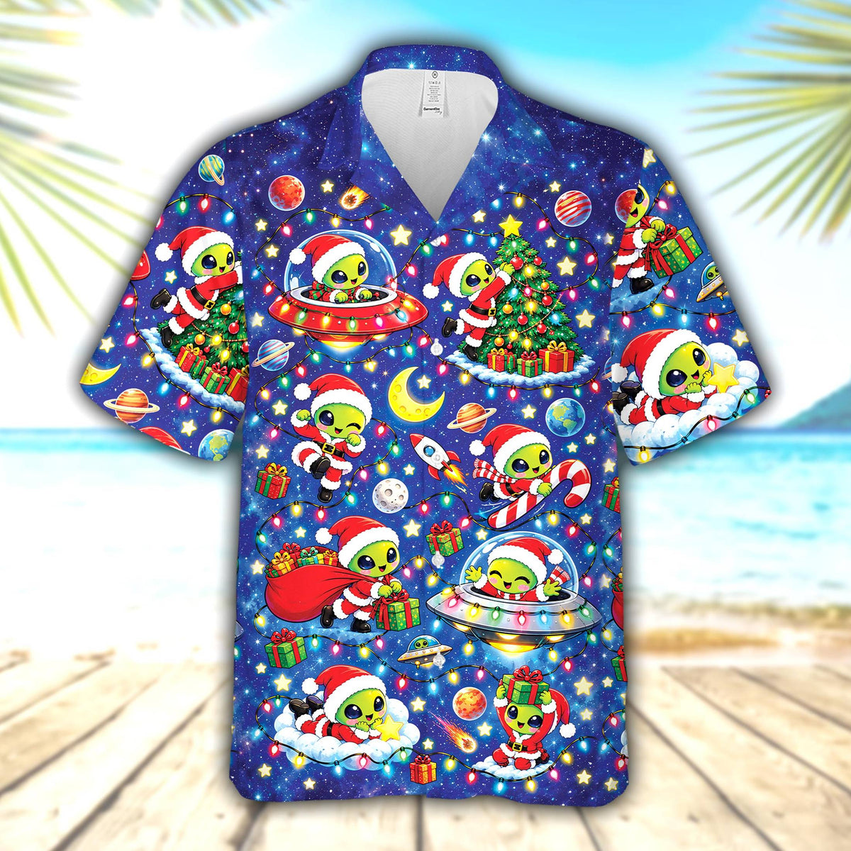 Family wearing the matching christmas alien hawaiian shirts