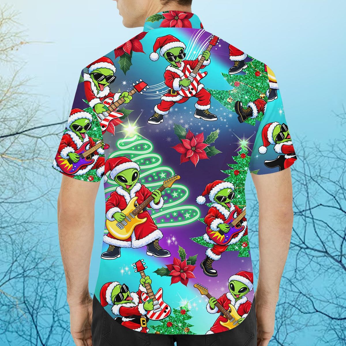 Fourth lifestyle image displaying the comfortable fit of the christmas alien hawaiian shirt