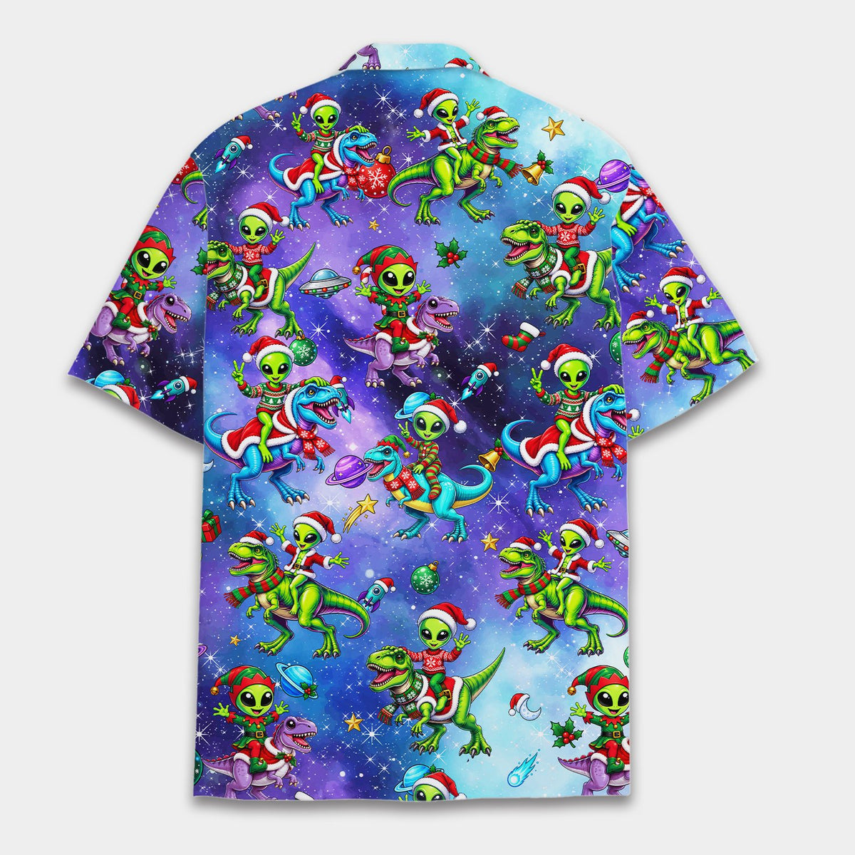 Additional view of the space and dinosaur themed Hawaiian shirt