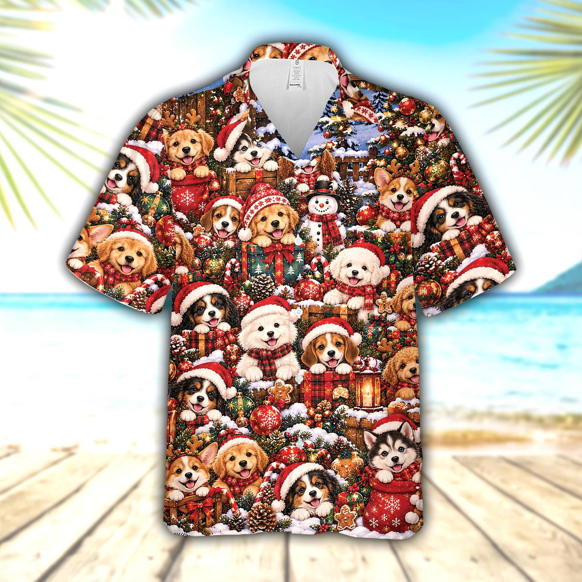 Detailed front view of christmas hawaiian shirt with winter scene pattern