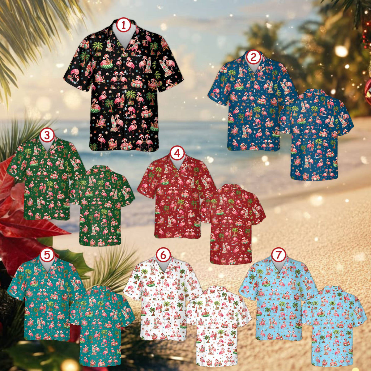 Close up front view of the festive flamingo Hawaiian shirt