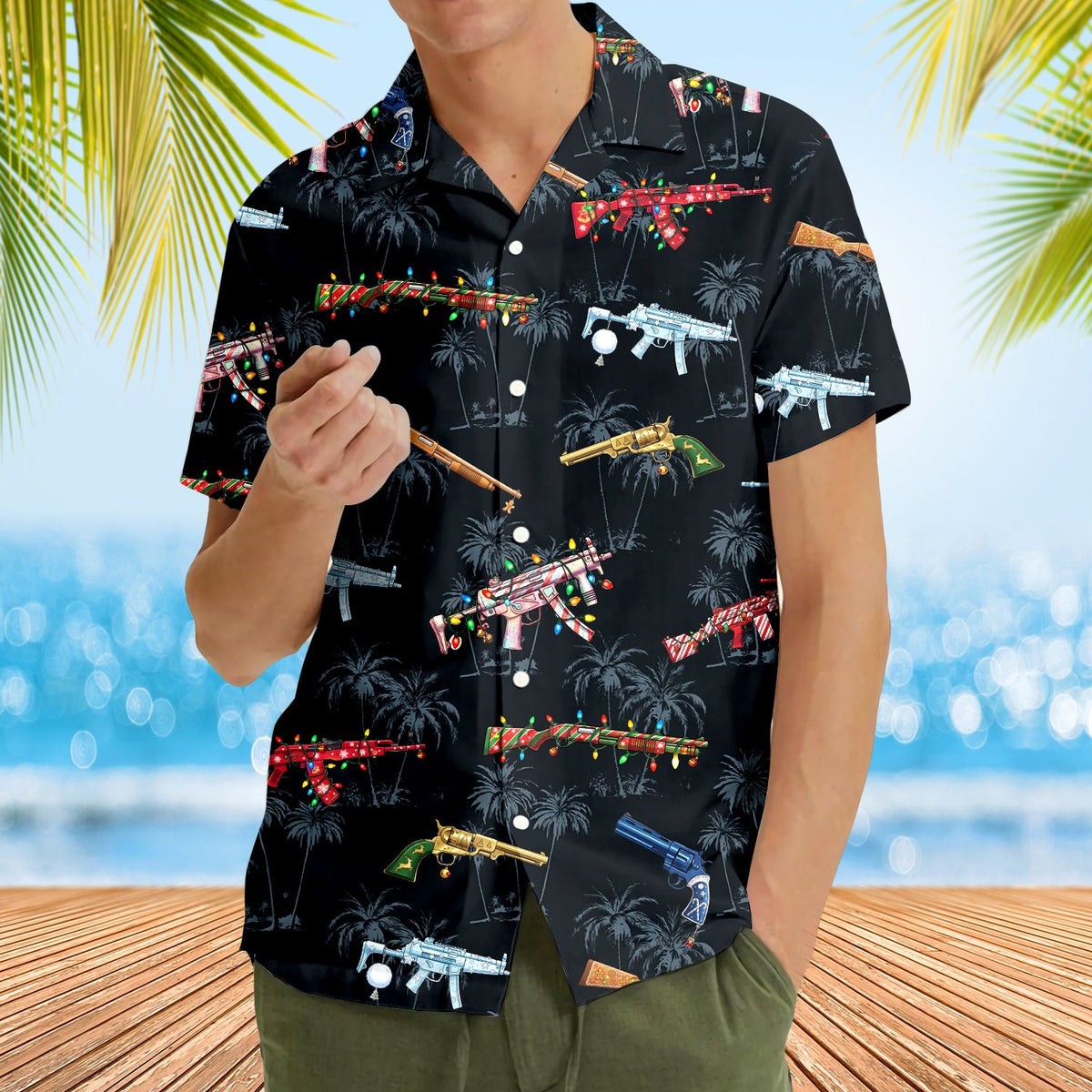 Fourth lifestyle view of the Christmas guns Hawaiian shirt