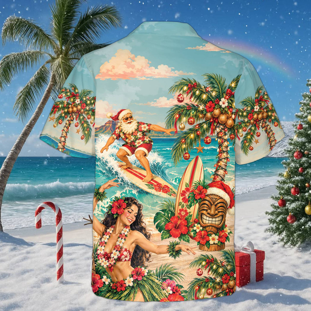 Back view of the tropical christmas hawaiian shirt showing Santa surfing and decorated palm trees