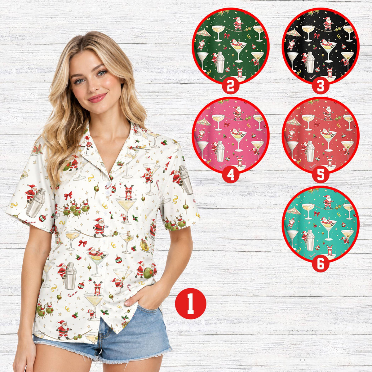 Family wearing matching hawaiian shirts with Santa cocktails design for the holidays