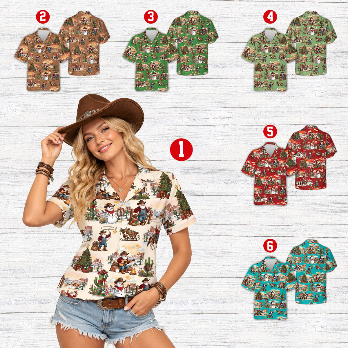 Lifestyle view of people wearing the matching family hawaiian shirts with cowboy Santa pattern