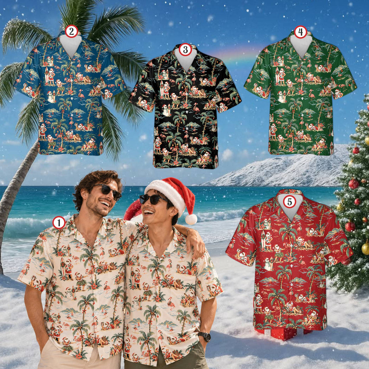 Family wearing matching holiday hawaiian shirts in multicolor tropical Santa print, lifestyle view