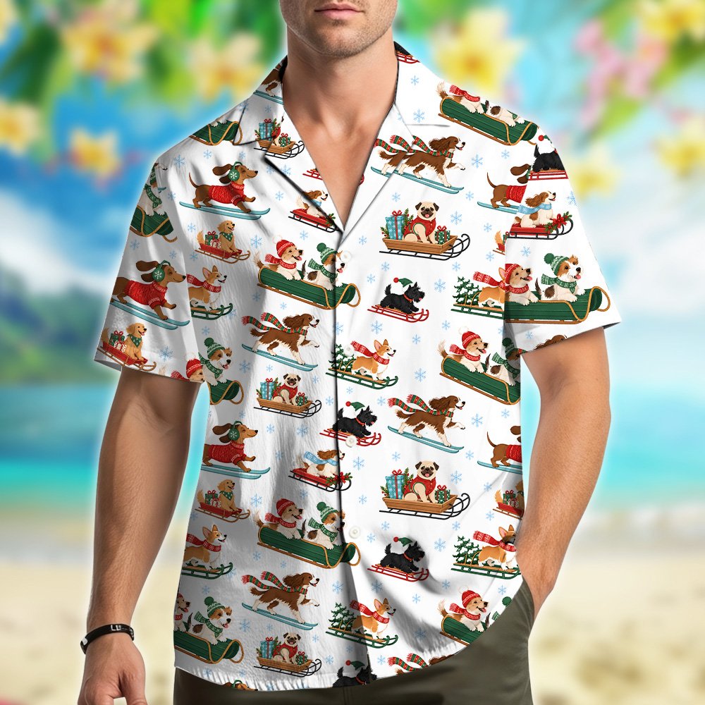 Another lifestyle view showing the festive winter dog hawaiian shirt being worn