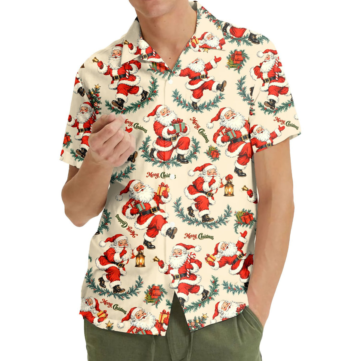 Family smiling while wearing the matching beige Christmas hawaiian shirt