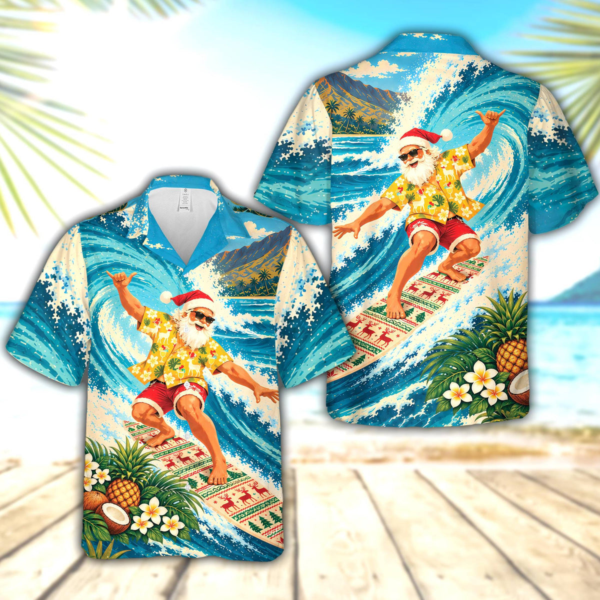Alternative view of the surfing Santa Hawaiian shirt design details