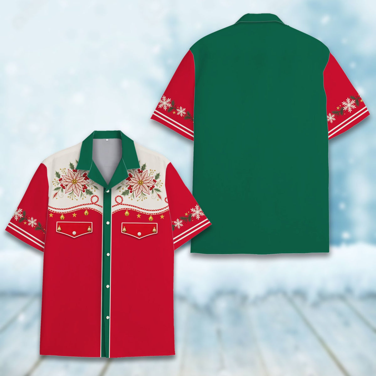 Multicolor view highlighting the complete festive pattern on the Hawaiian shirt
