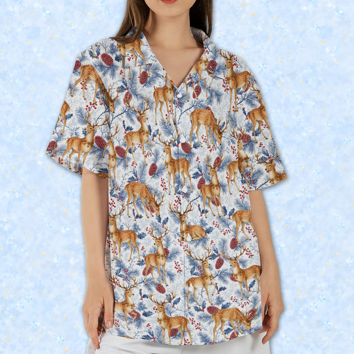 Lifestyle view highlighting the detailed shading of the flora and reindeer on the shirt