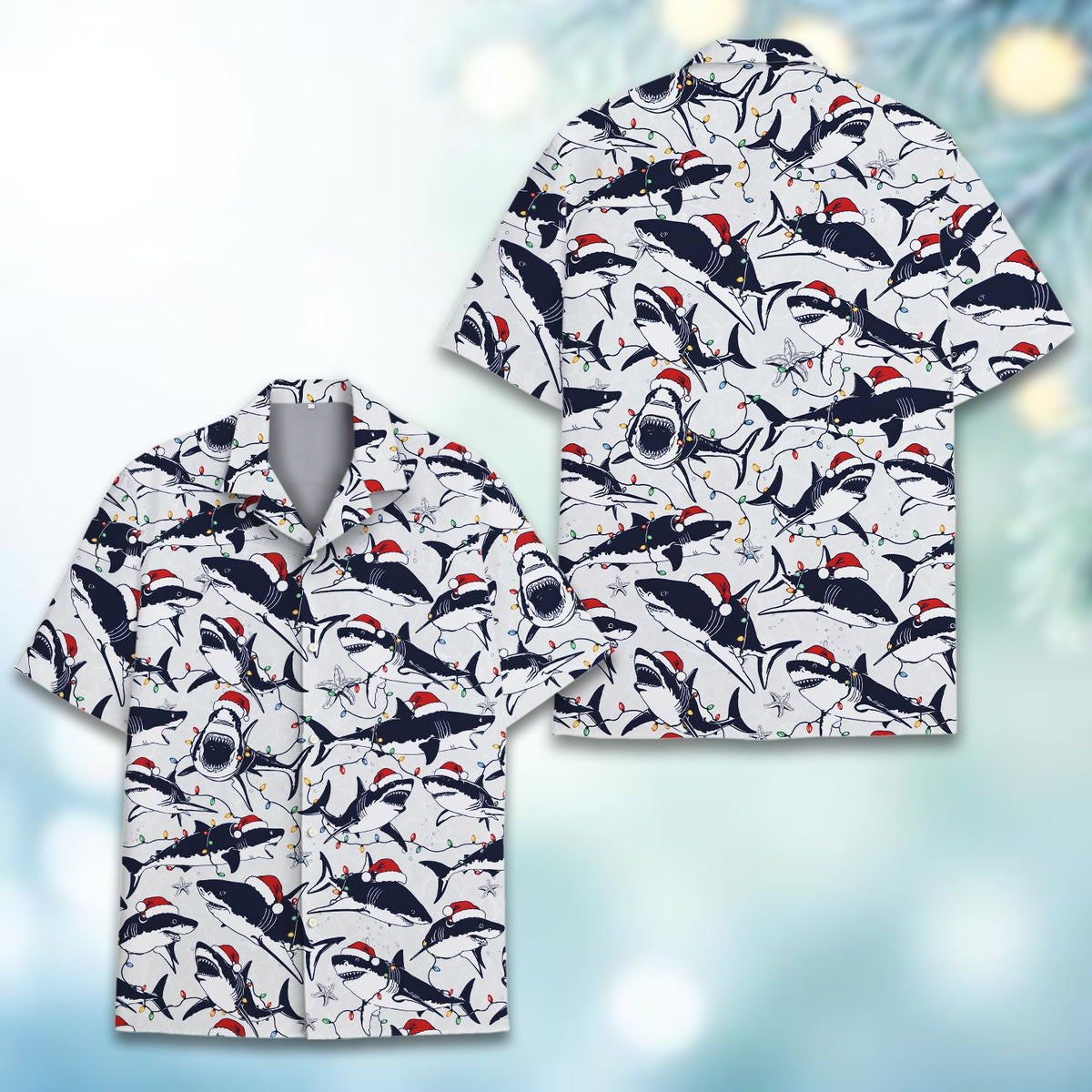 Matching family hawaiian shirt featuring holiday sea creatures in Santa hats, lifestyle view 3