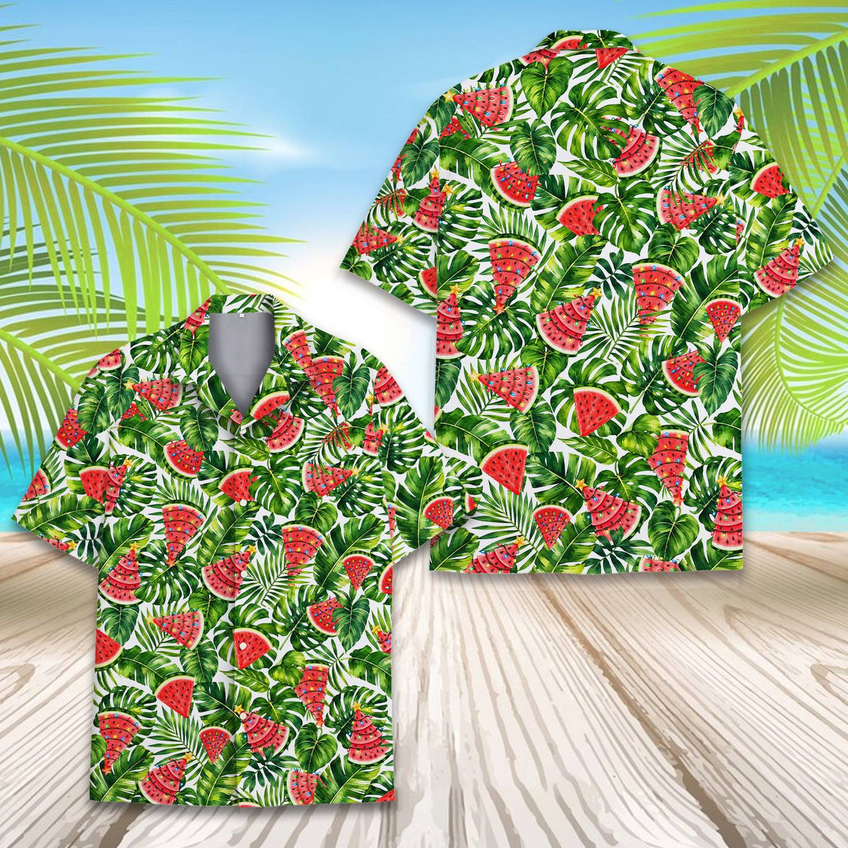 Back view of the christmas tropical watermelon hawaiian shirt