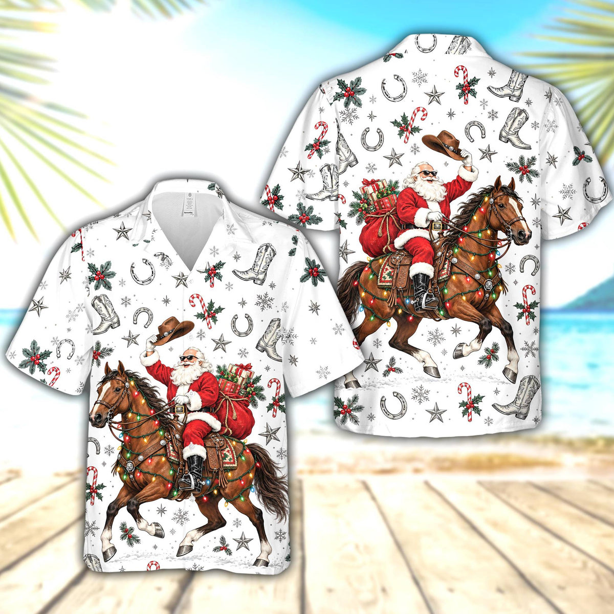 Matching family hawaiian shirts in white with cowboy Santa design, front detail view