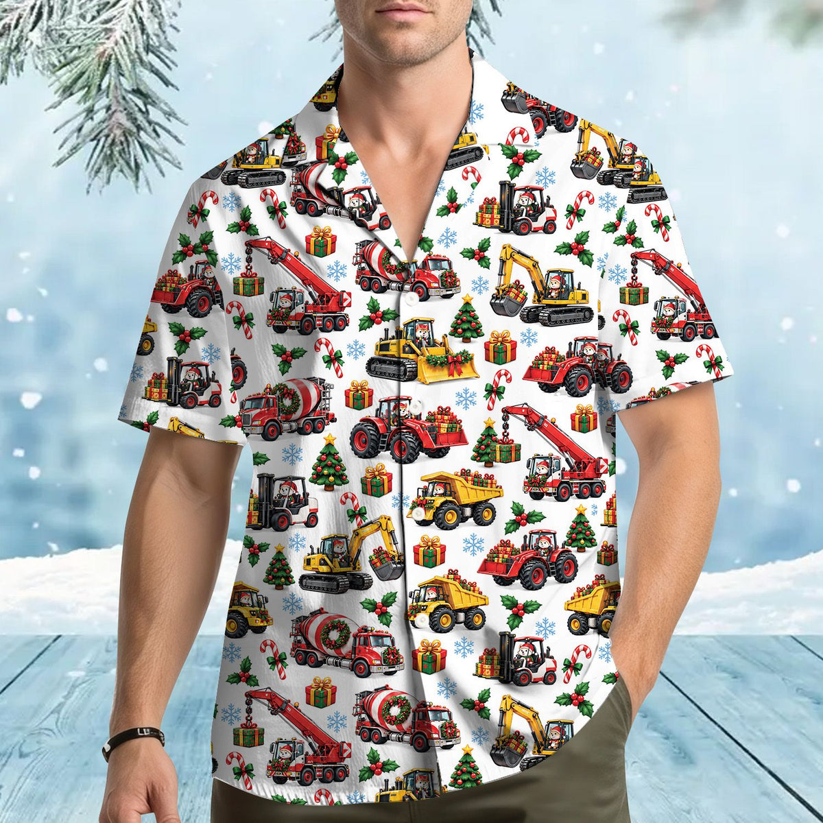 Lifestyle view of someone wearing the matching family hawaiian shirt with festive construction vehicles