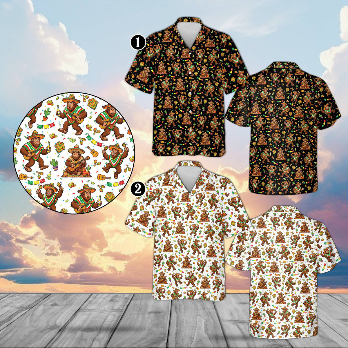 Detailed view of the holiday hawaiian shirt showcasing bigfoot with sombrero and maracas