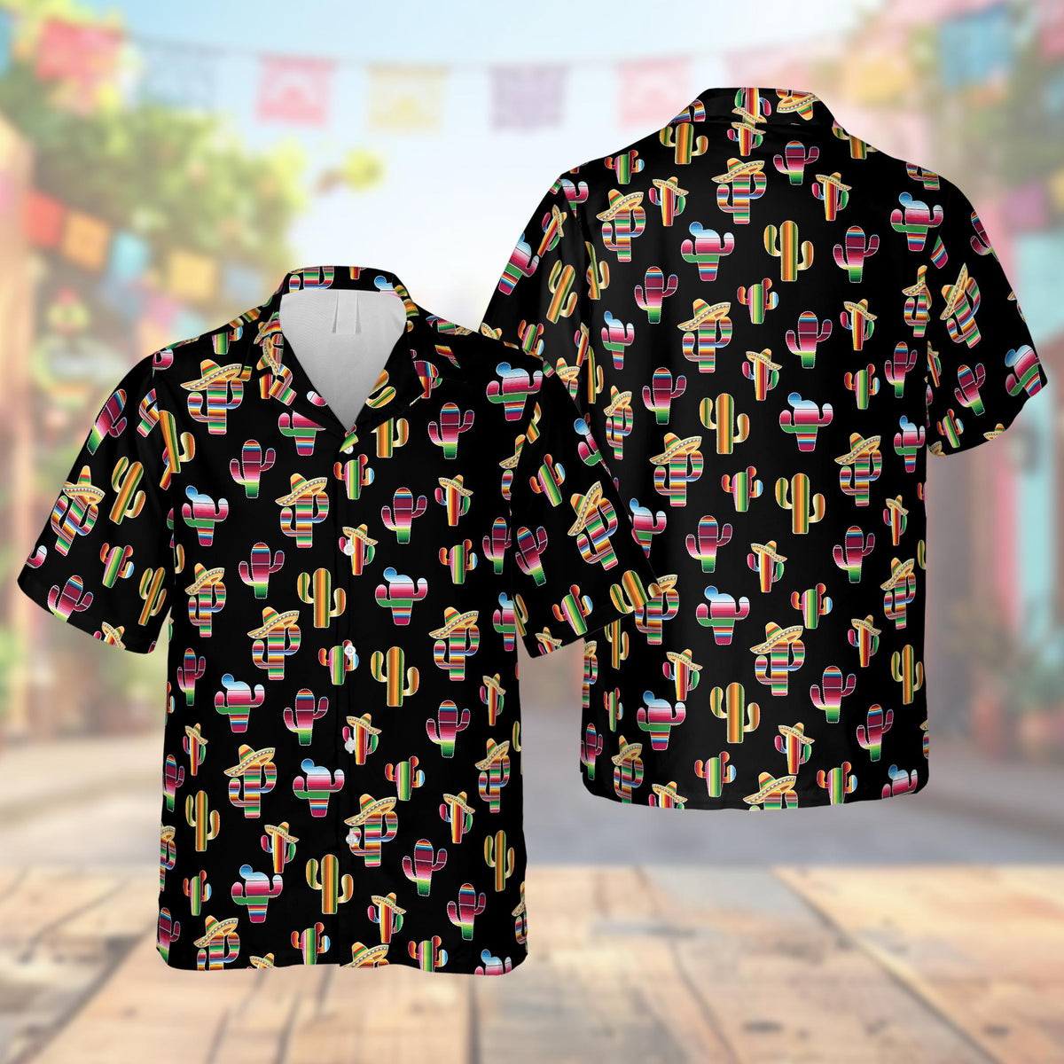 Black cinco de mayo hawaiian shirt front view with colorful cactus print