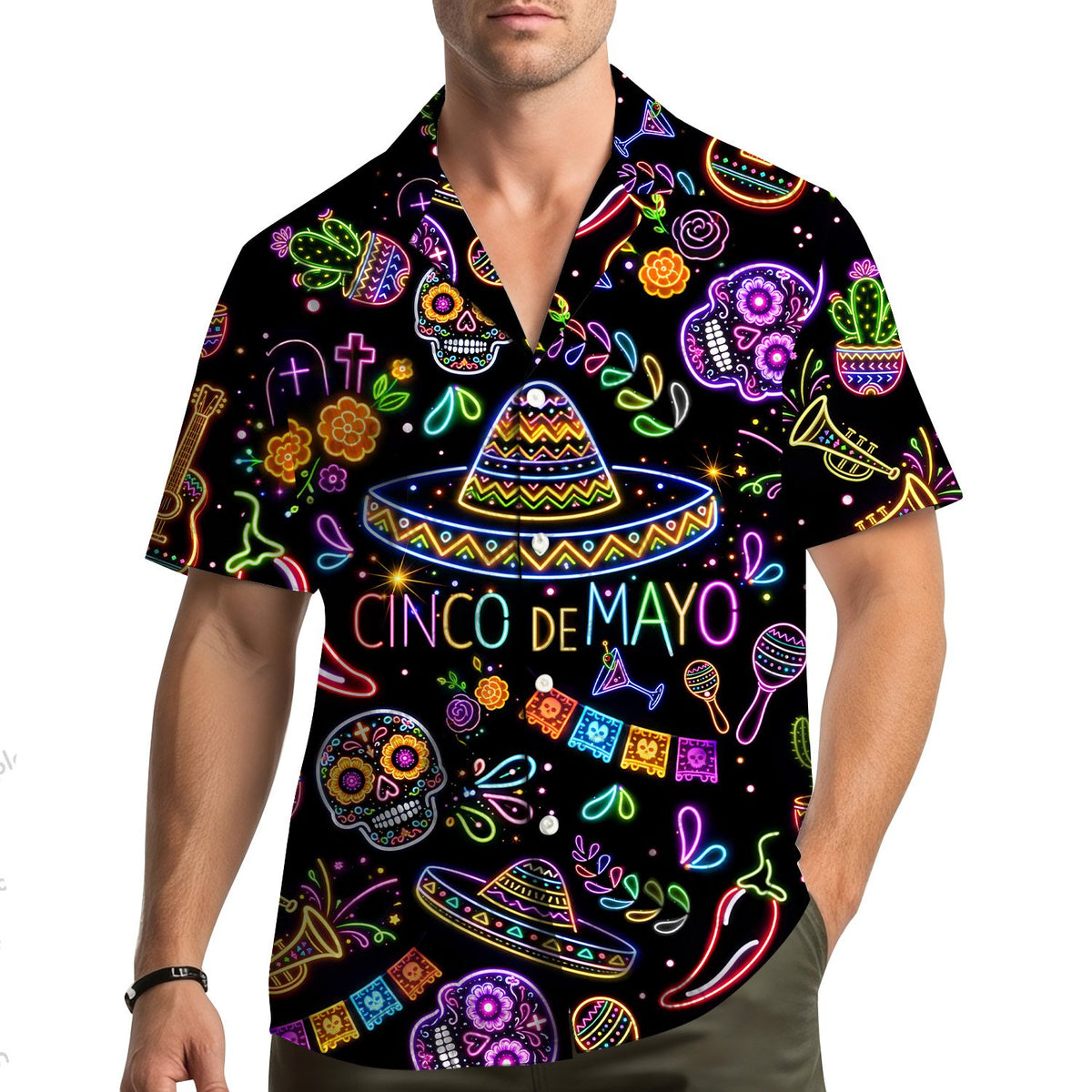 Lifestyle view of a family wearing the neon cinco de mayo hawaiian shirt