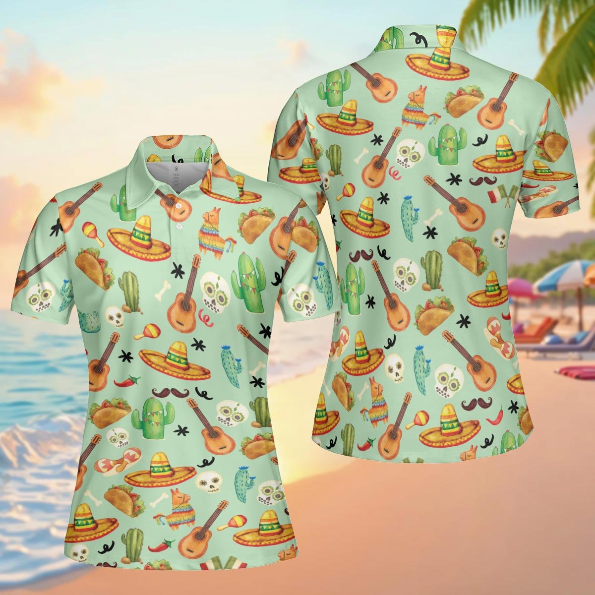 Close-up front view of the light green cinco de mayo hawaiian shirt