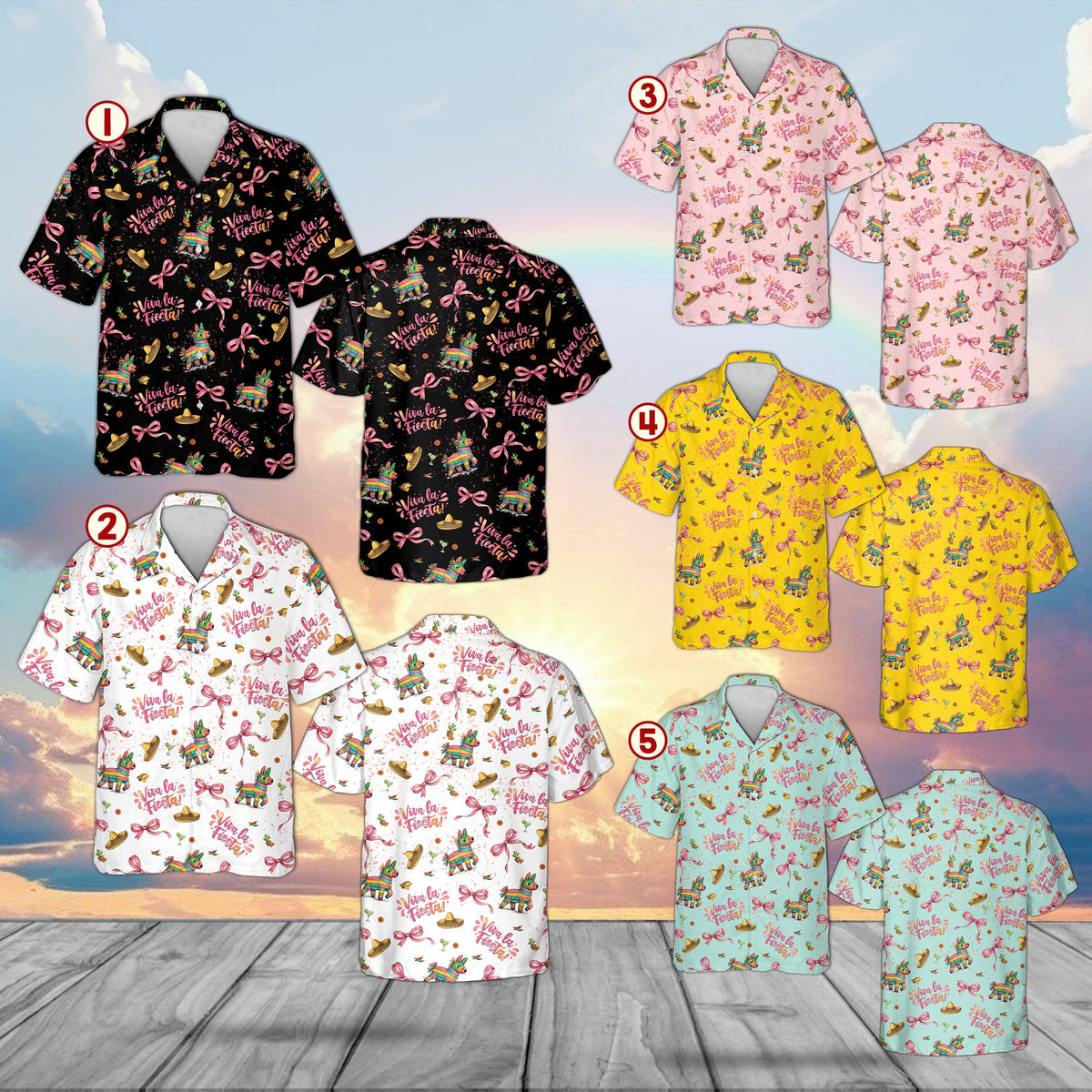 Multicolor matching hawaiian shirts for family featuring a fiesta theme, front view