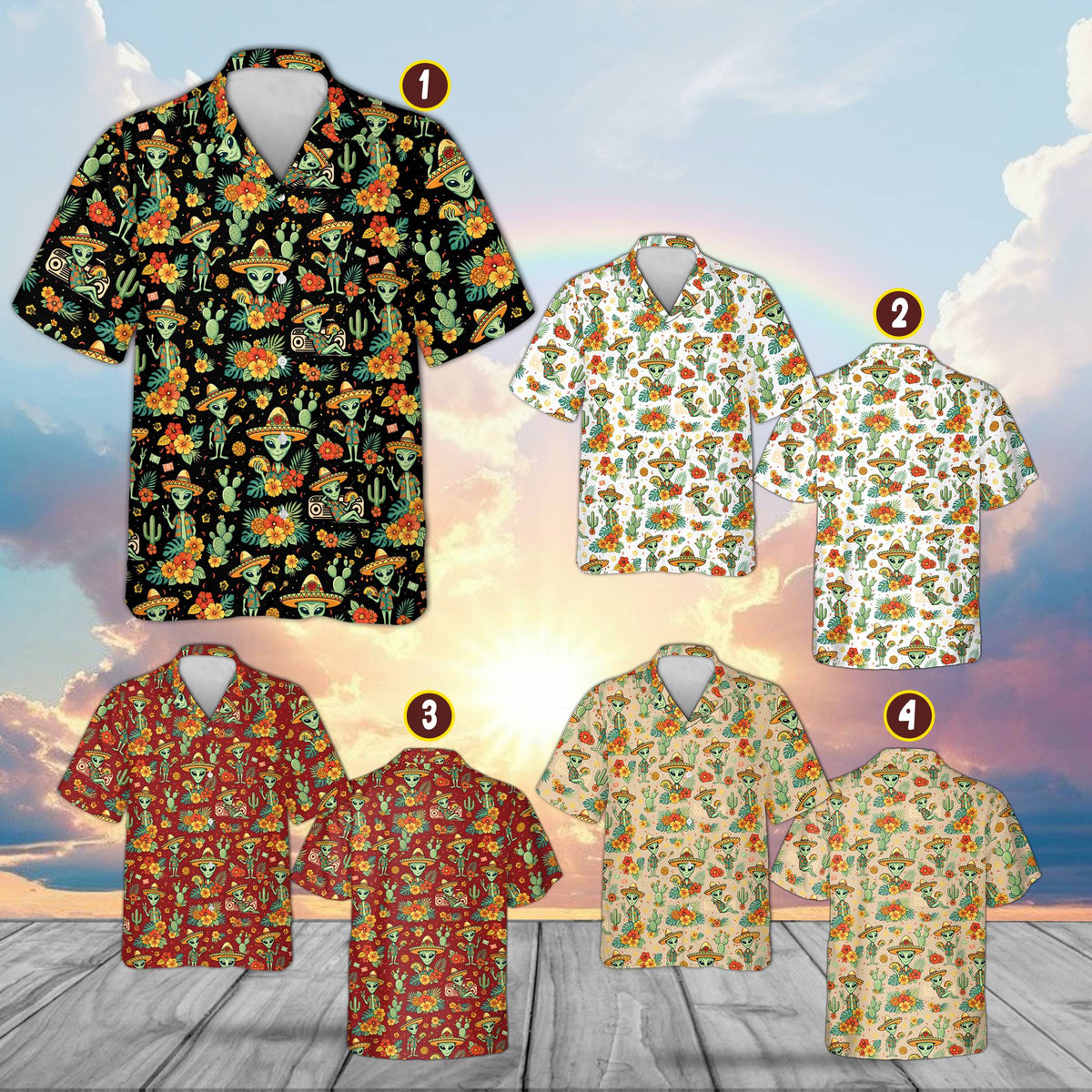 Multicolor view of the alien and taco patterned shirt for the family