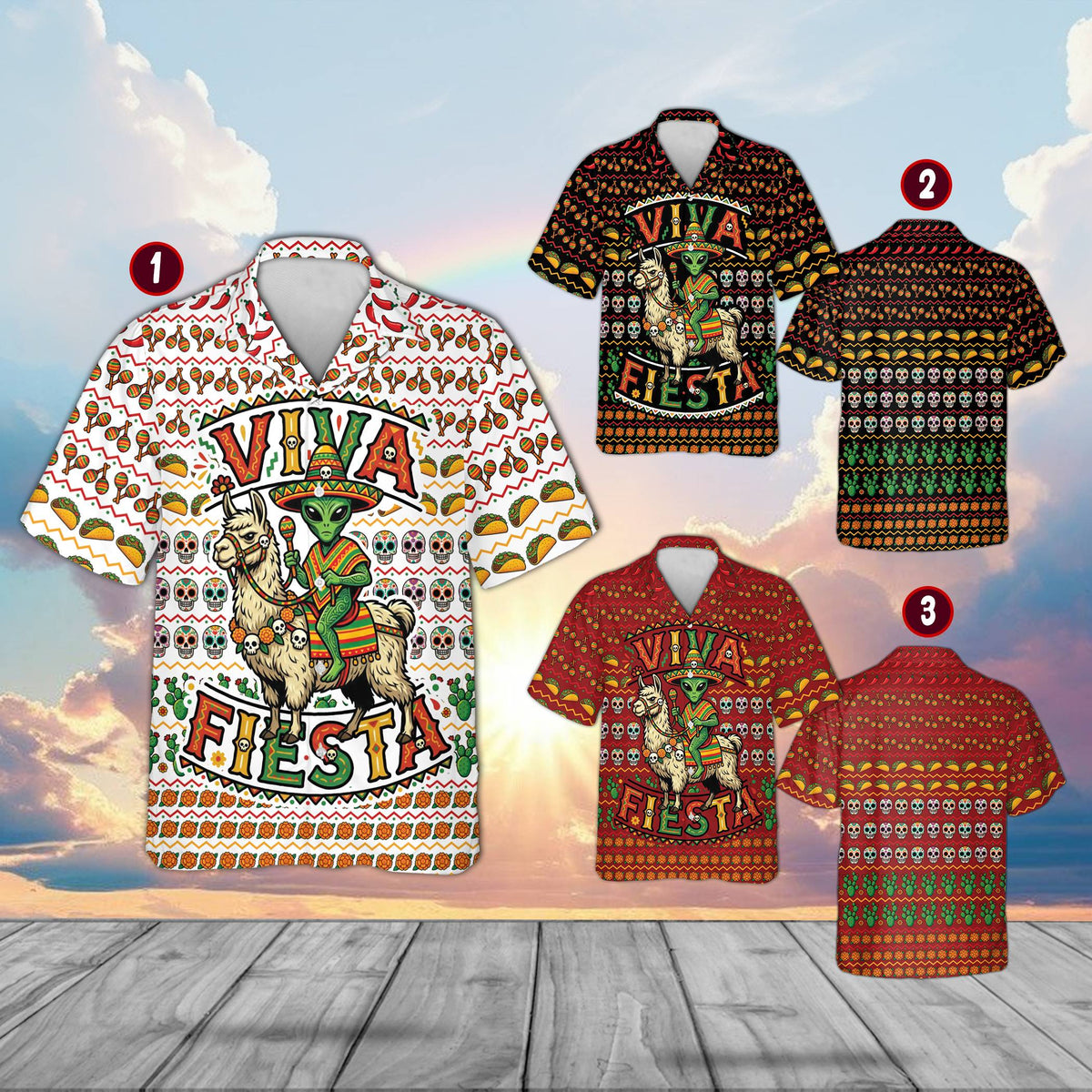 Multicolor view showing the full pattern of the fiesta Hawaiian shirt