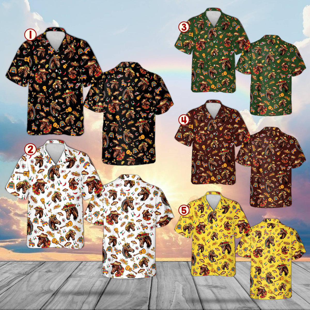 Close up view of the sombrero horse and piñata pattern on the Hawaiian shirt