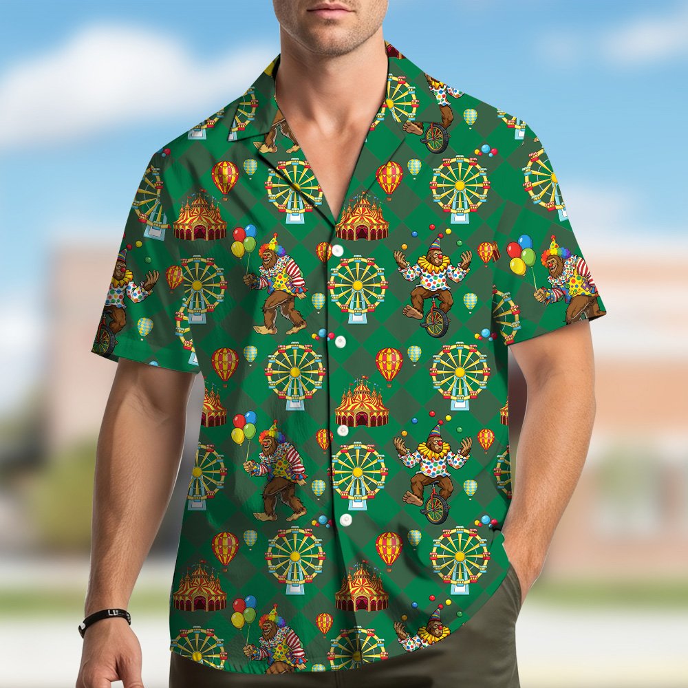 Third lifestyle view showing the comfortable fit of the green hawaiian shirt