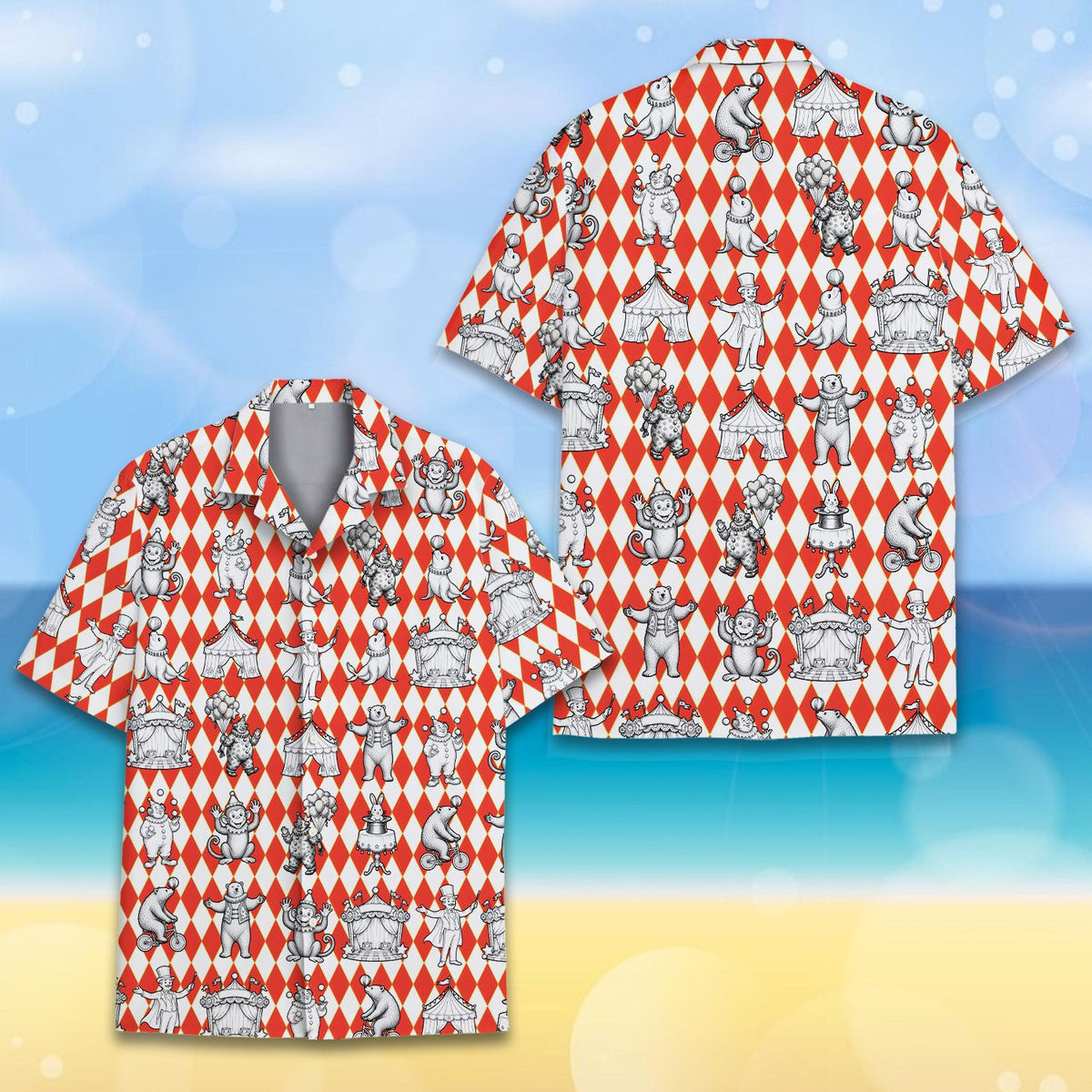 Red circus hawaiian shirt with vintage illustrations and harlequin background, back view alternate 1