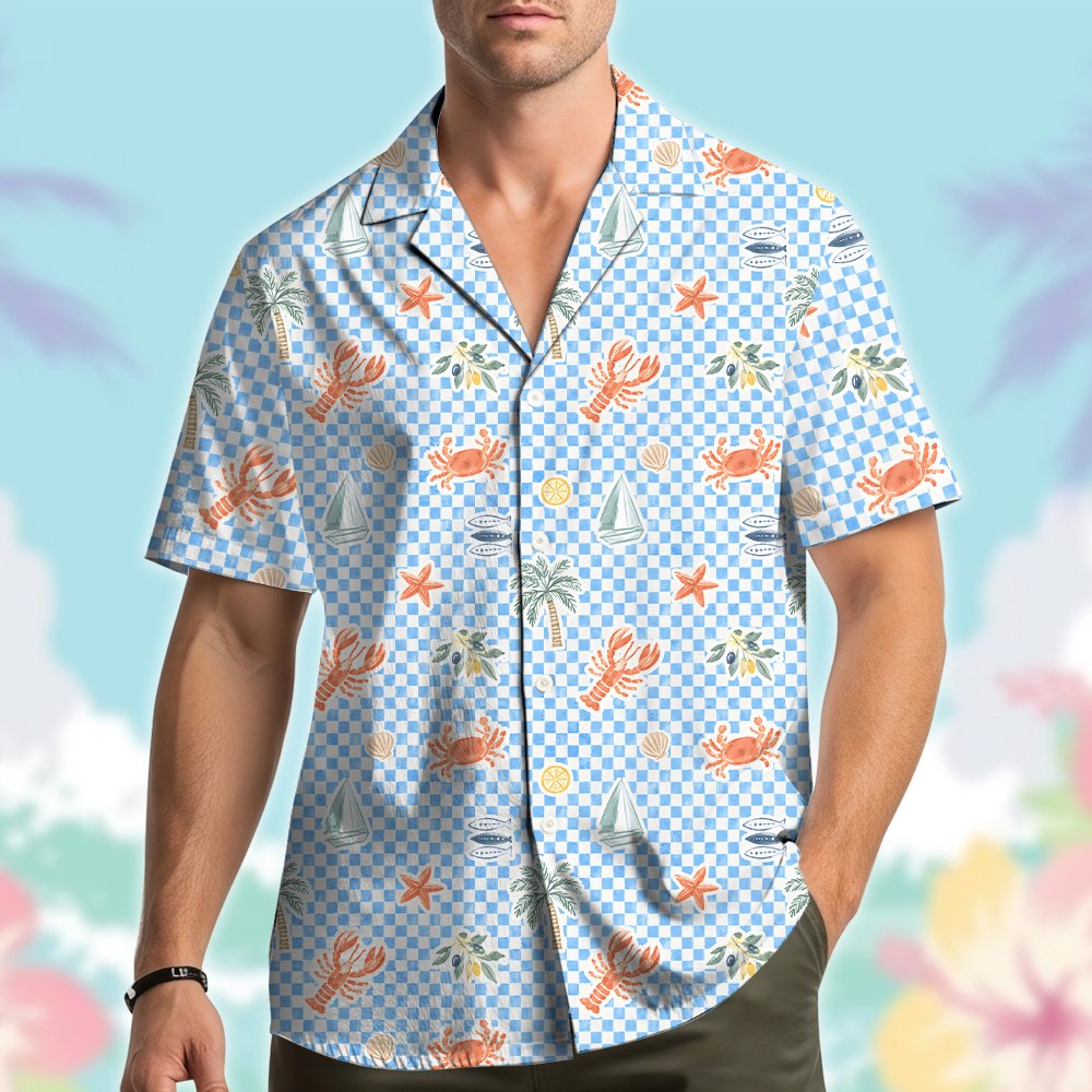 Third lifestyle shot of the coastal checkerboard hawaiian shirt