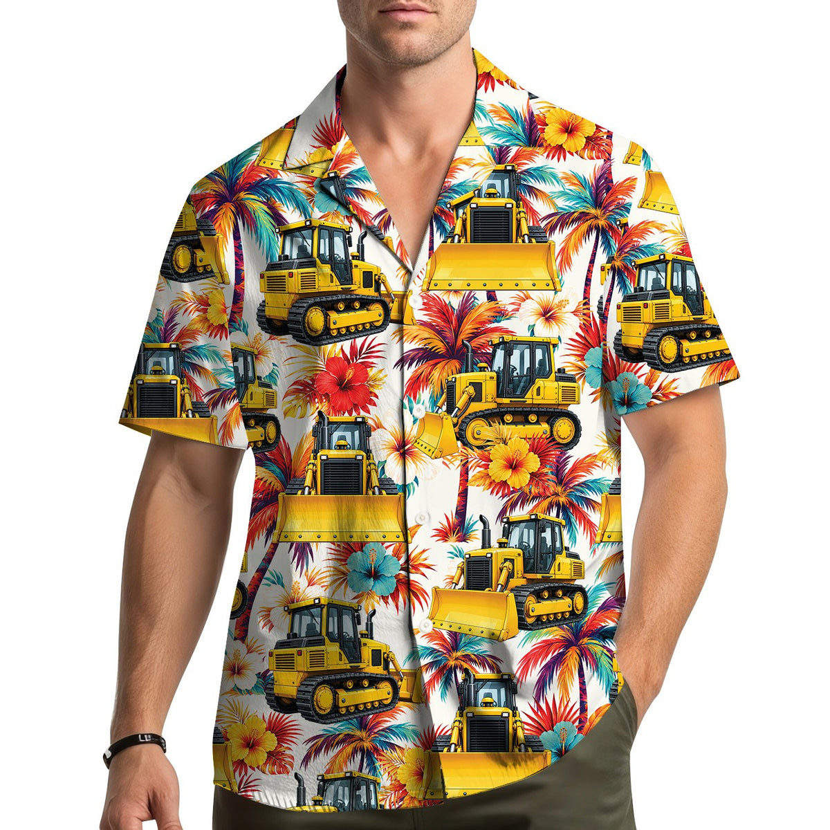 Lifestyle image of someone wearing the construction vehicles hawaiian shirt