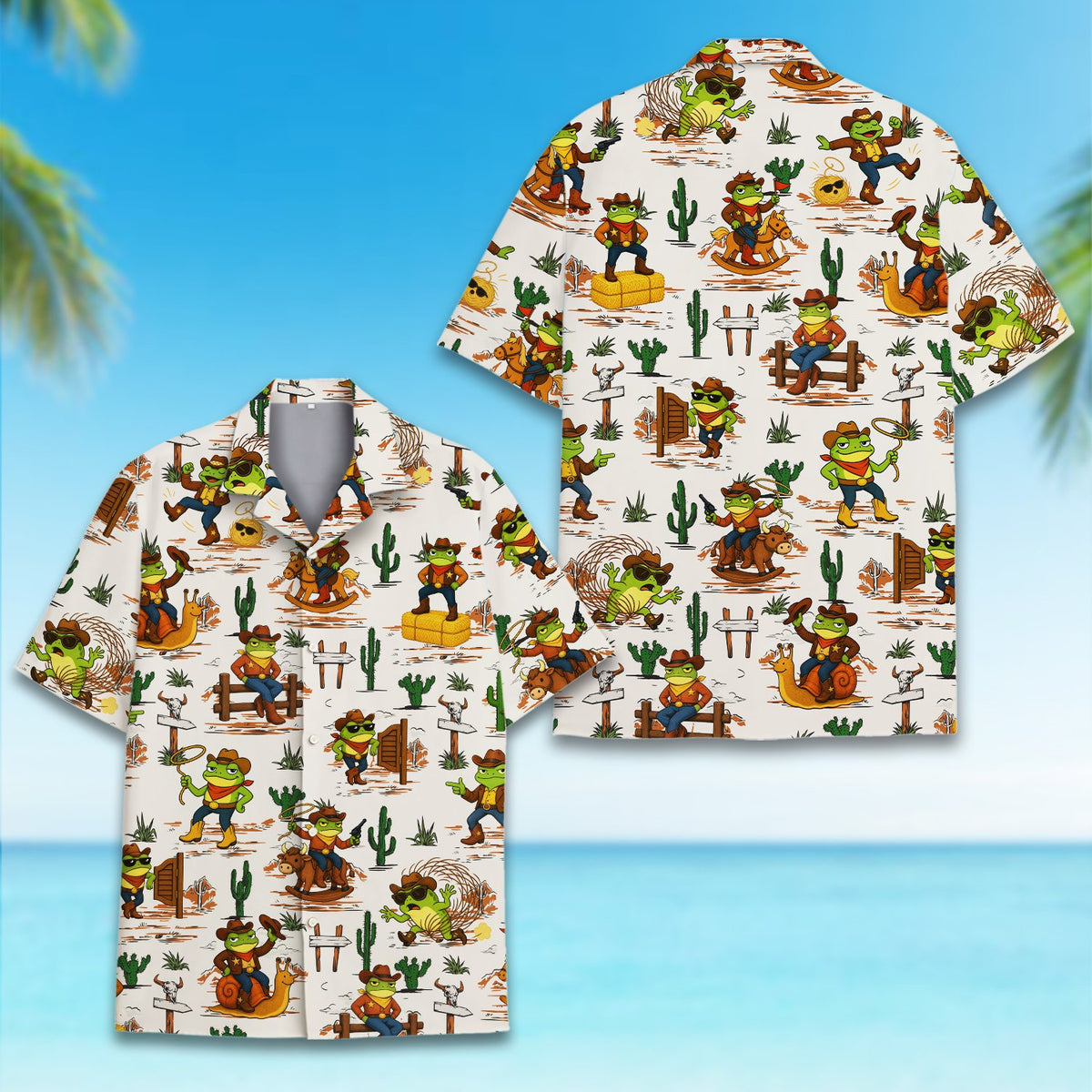 Close-up lifestyle shot of the western frog pattern shirt