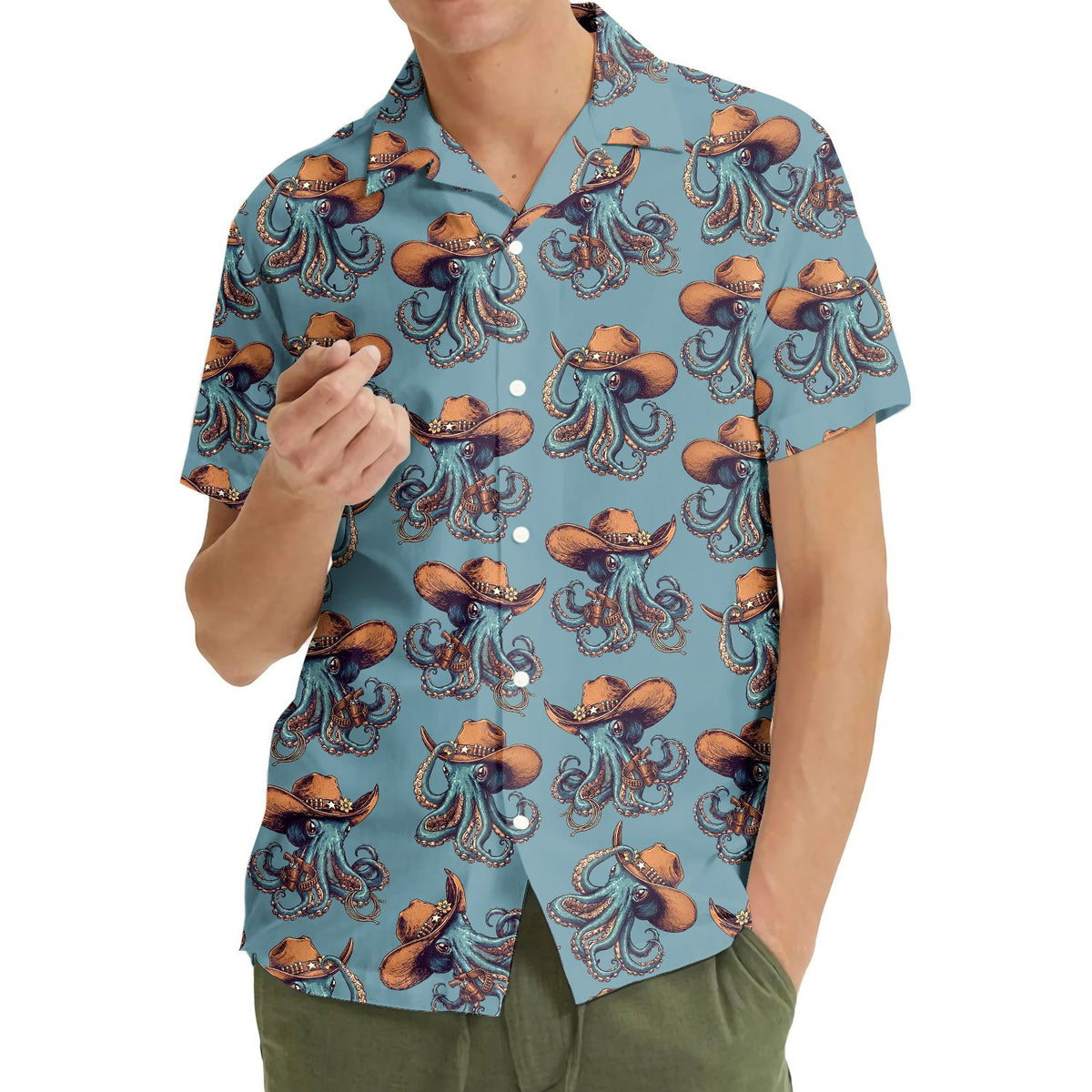 Third lifestyle view of the cowboy octopus hawaiian shirt worn casually