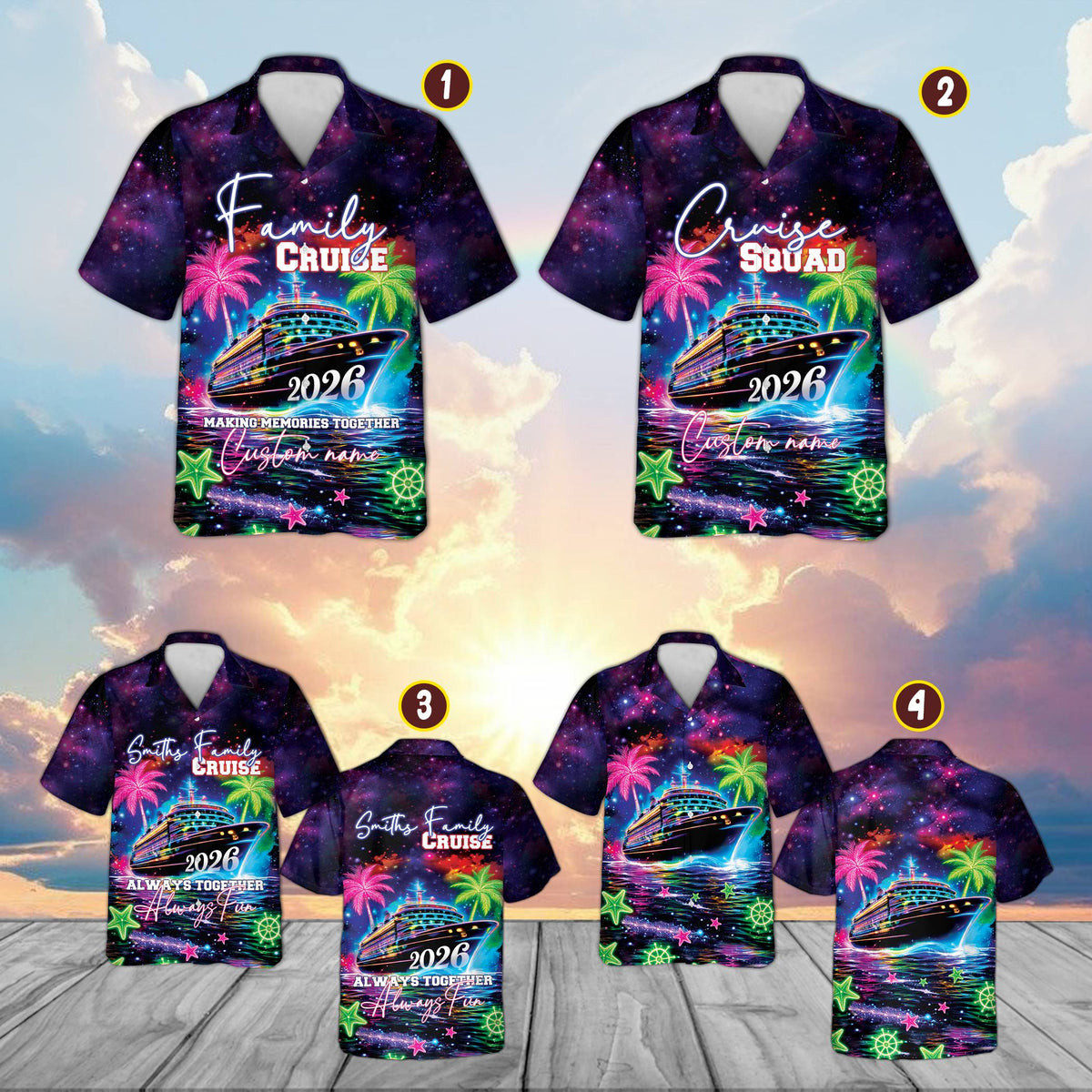 Front view of neon purple and navy cruise hawaiian shirt on water background