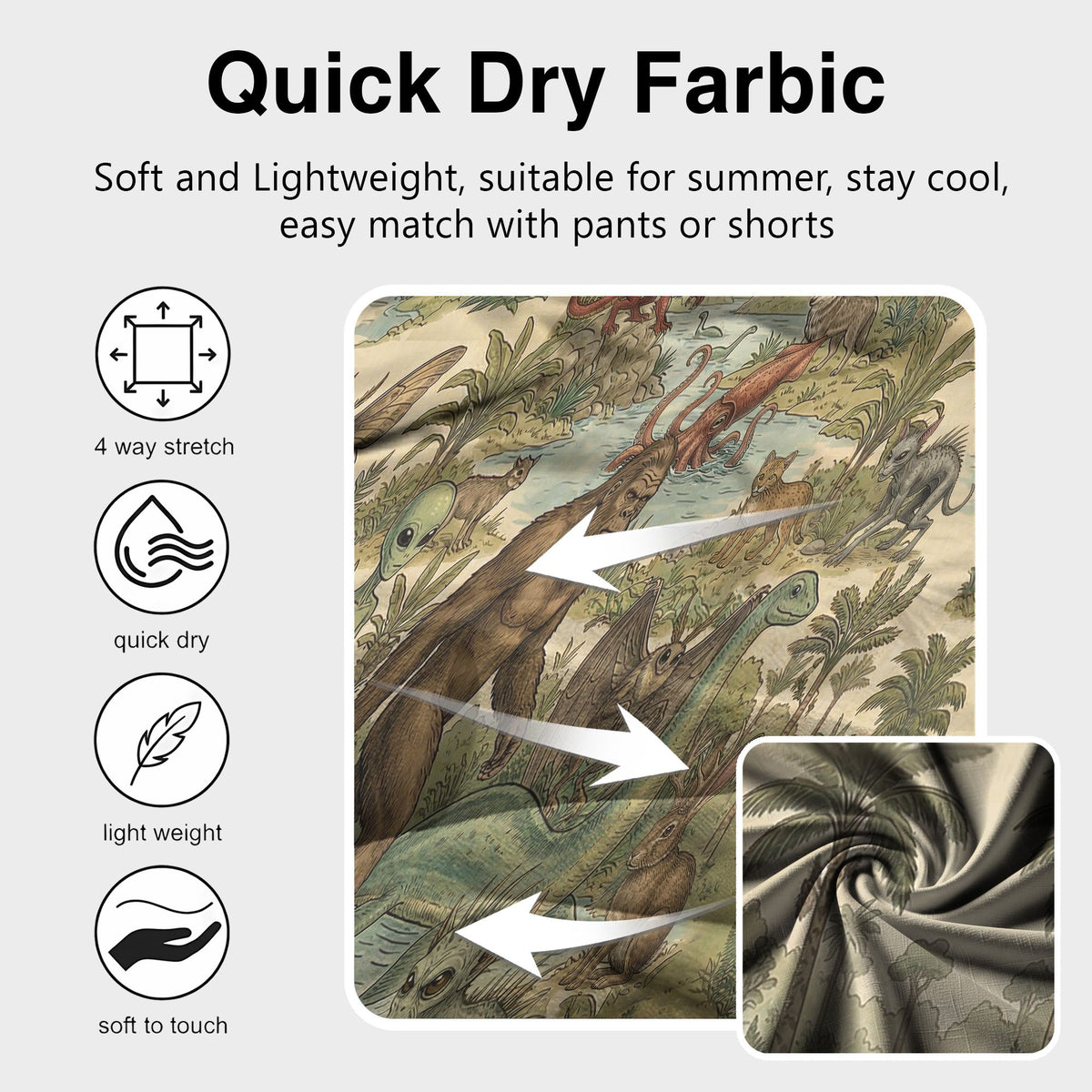 Macro fabric detail showing the Loch Ness monster-like creature and tropical elements