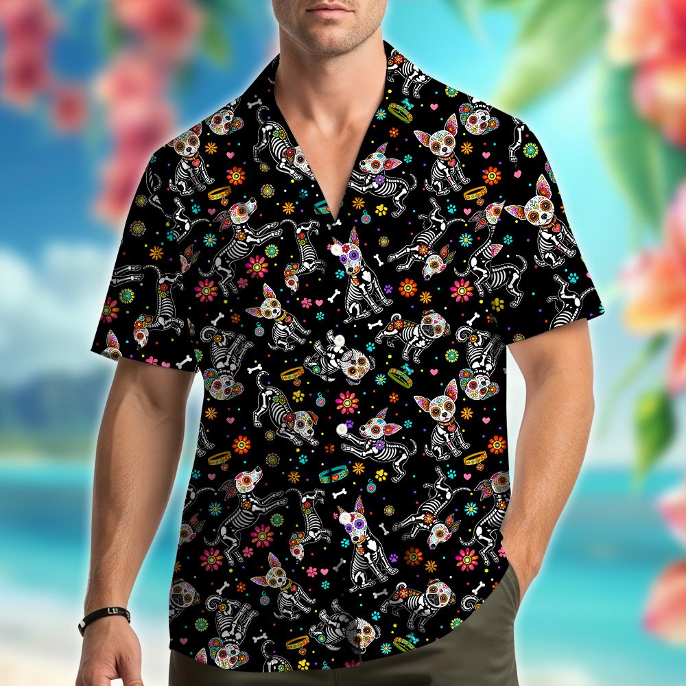 Third lifestyle image of family wearing matching Day of the Dead dogs Hawaiian shirts