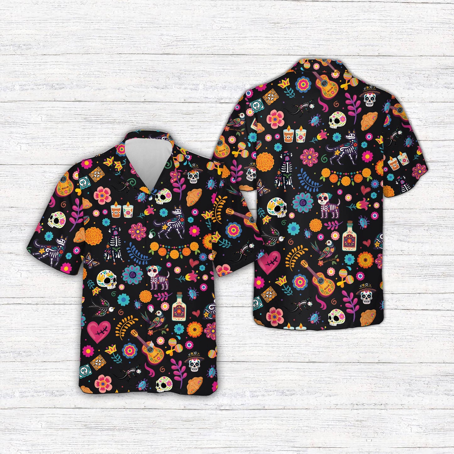 Front view of day of the dead hispanic heritage hawaiian shirt