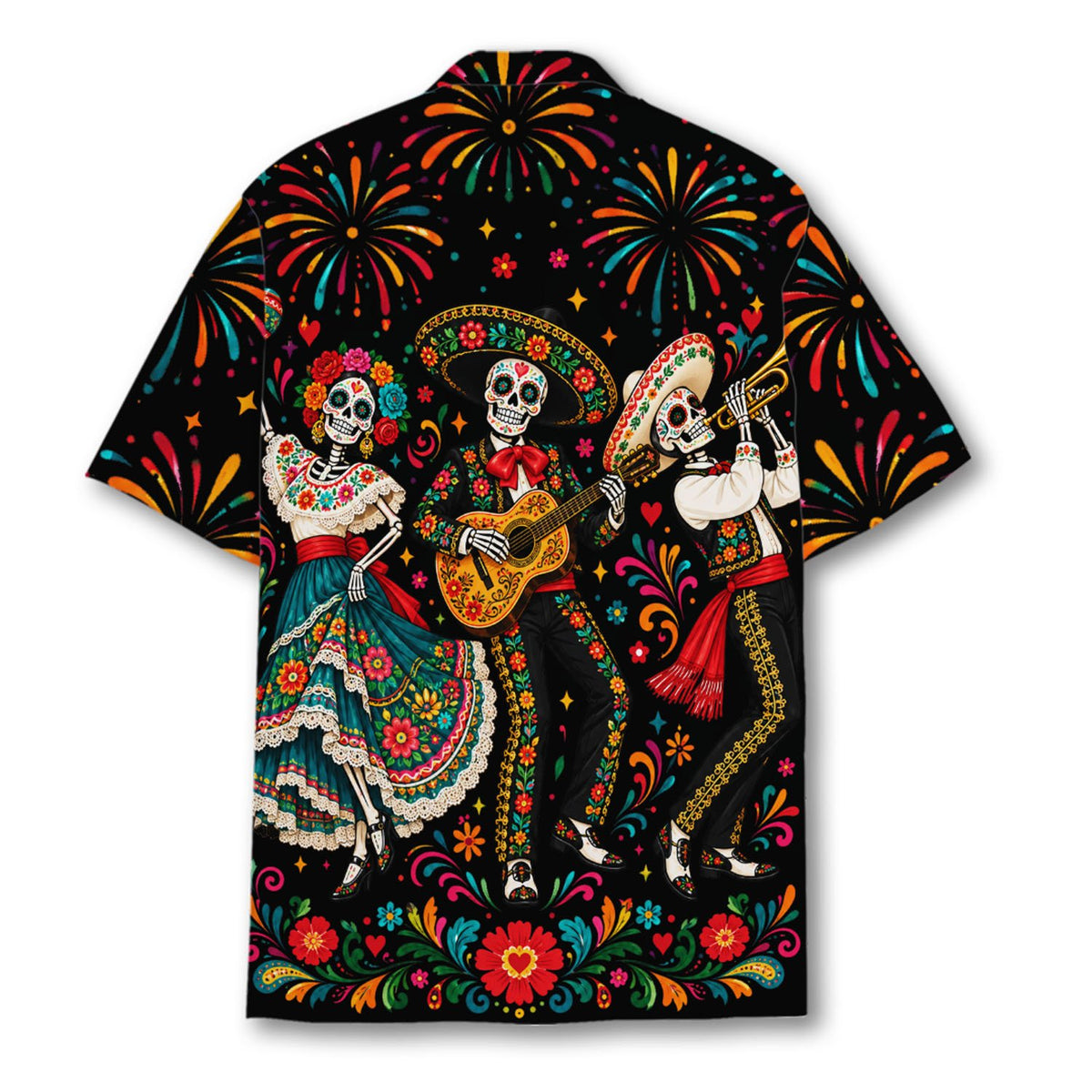 Detailed back view of the skeleton and fireworks design