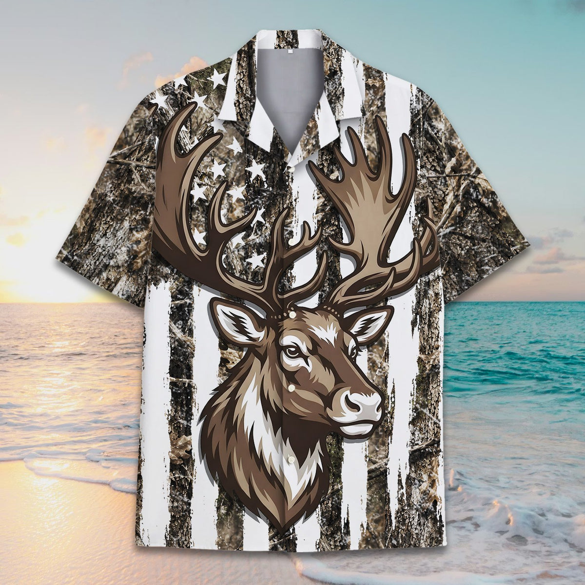 Second lifestyle view of the camo hawaiian shirt outdoors