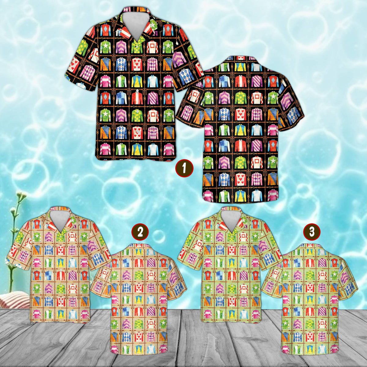 Detail view of the colorful jockey silks pattern on the horse racing hawaiian shirt