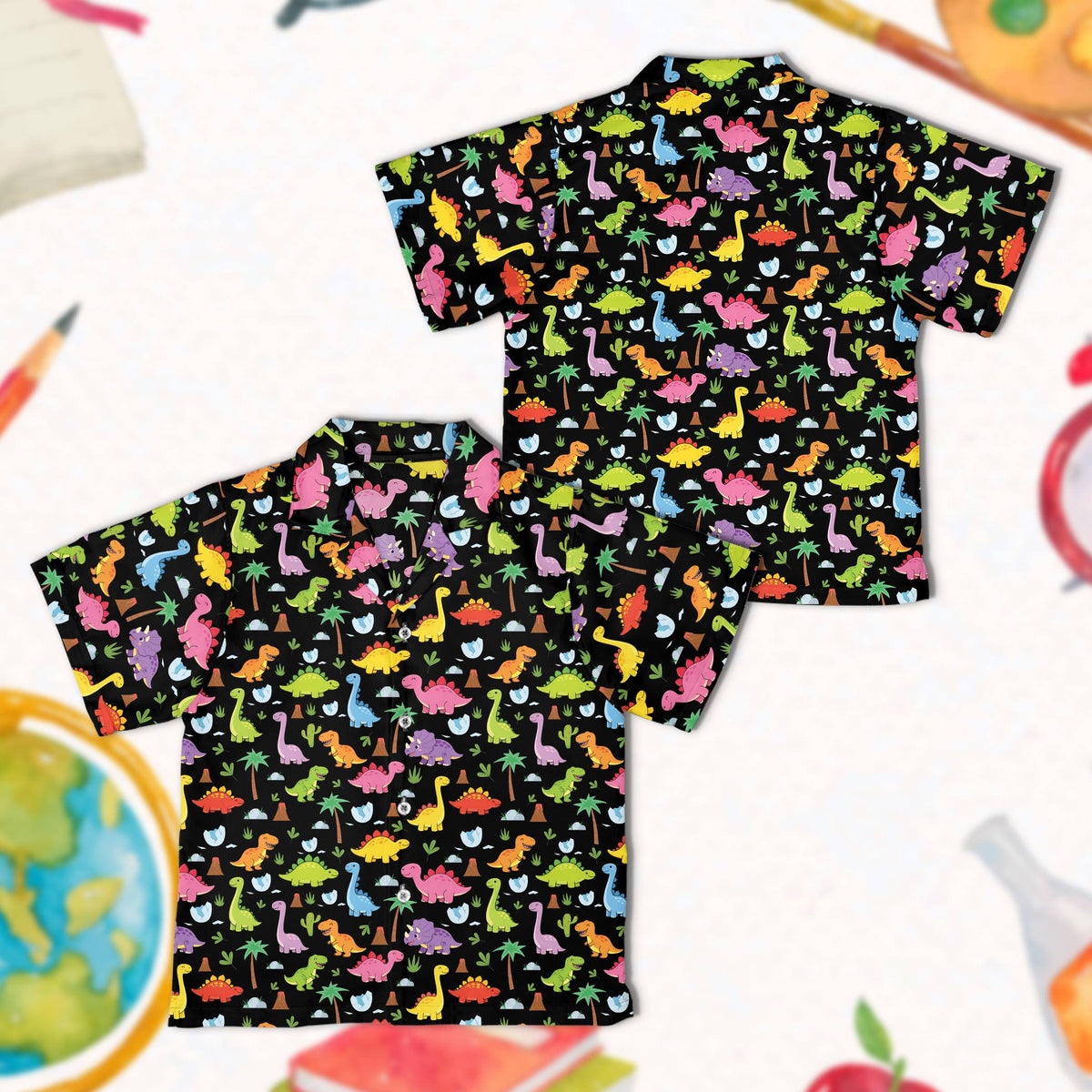 Black matching family hawaiian shirt with colorful dinosaur print, front view