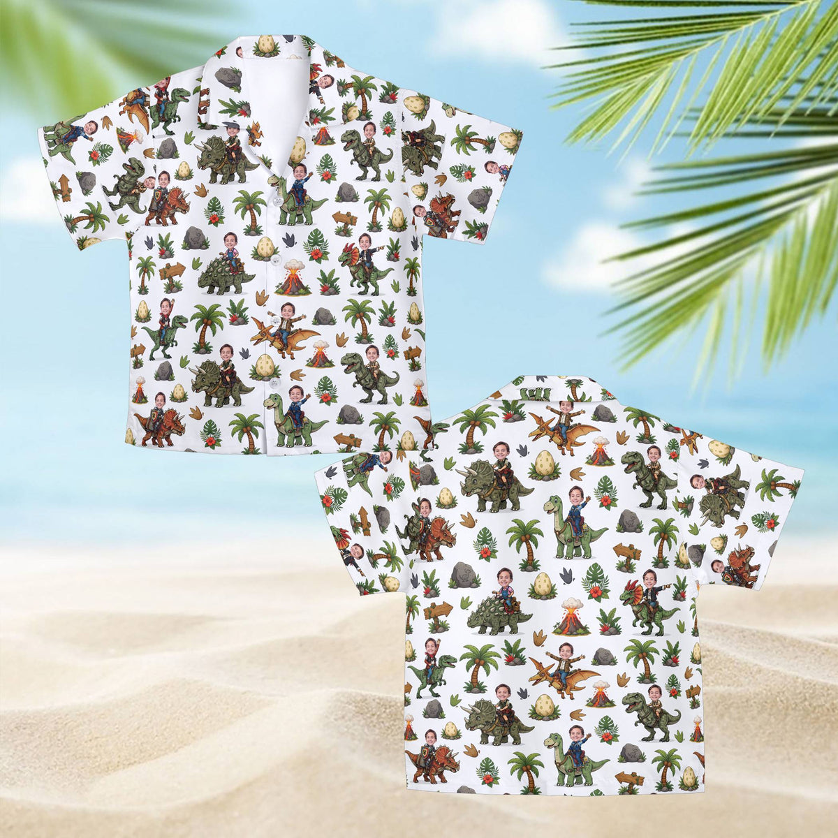White custom hawaiian shirt with photo and dinosaur design