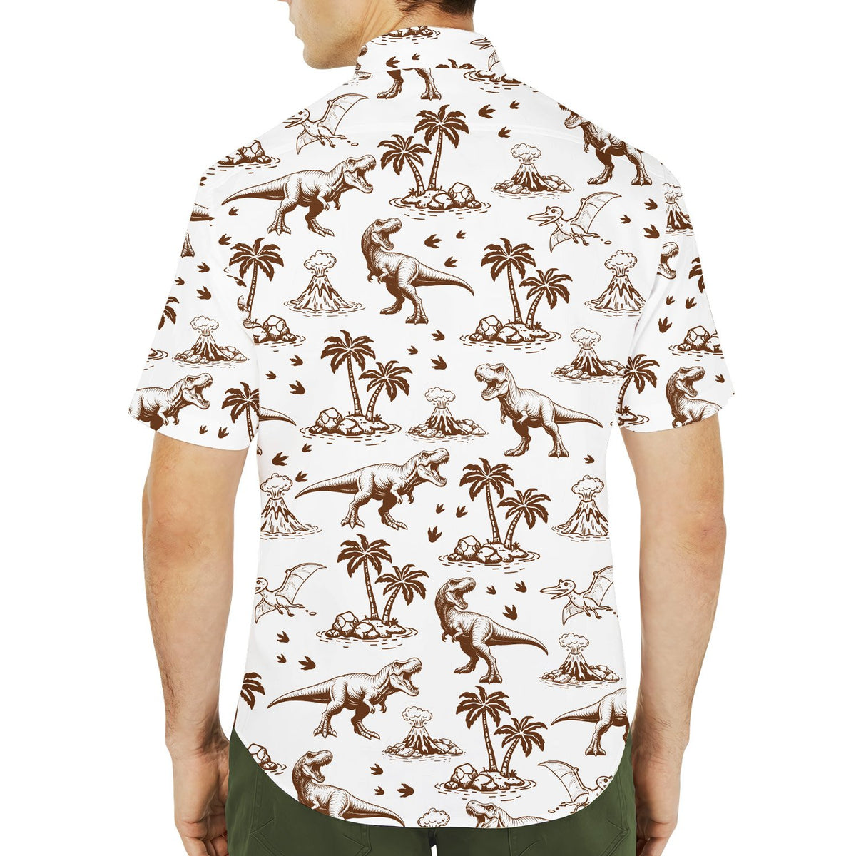 Close up of family wearing the dinosaur matching hawaiian shirts outdoors