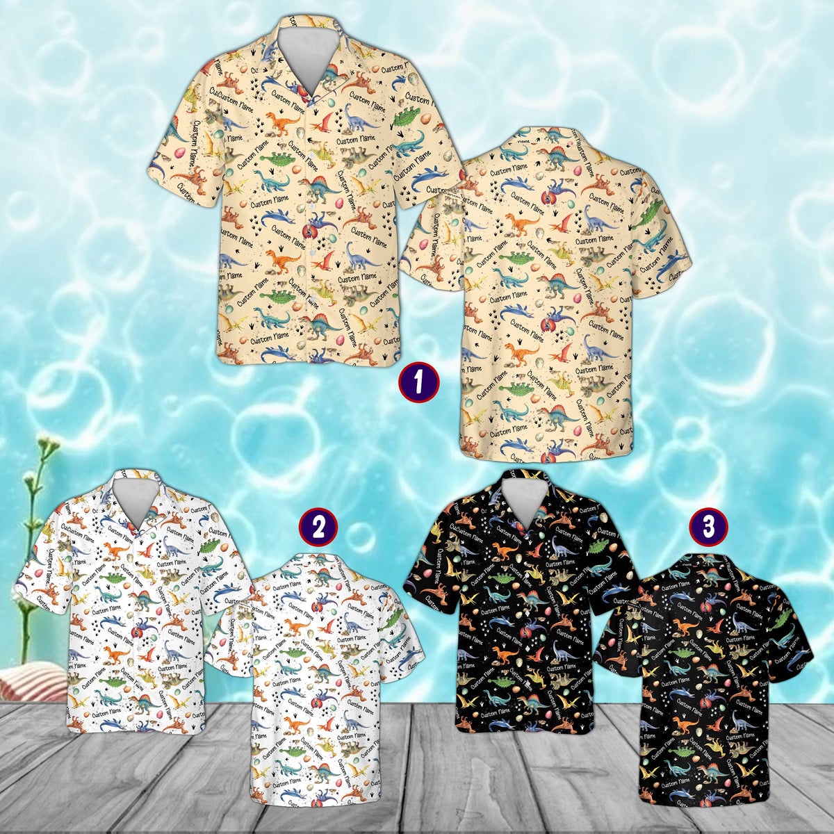 Kids dinosaurs hawaiian shirt with custom name showcasing the colorful dinosaur pattern, front view