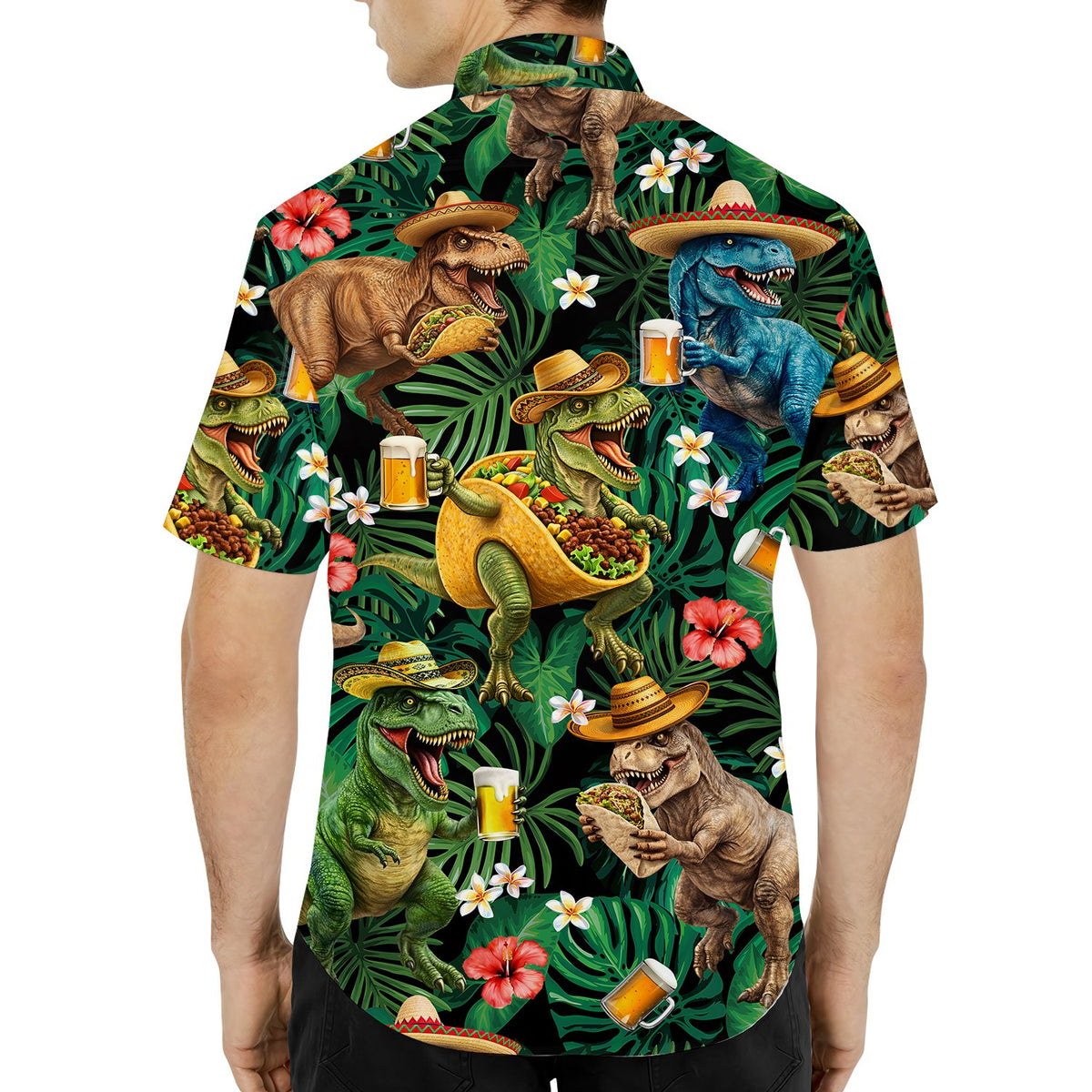 Third lifestyle view showing the tropical leaf and red hibiscus flower pattern on the dinosaur hawaiian shirt