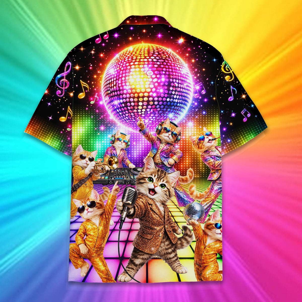 Multicolor disco cats hawaiian shirt for family, back view 2