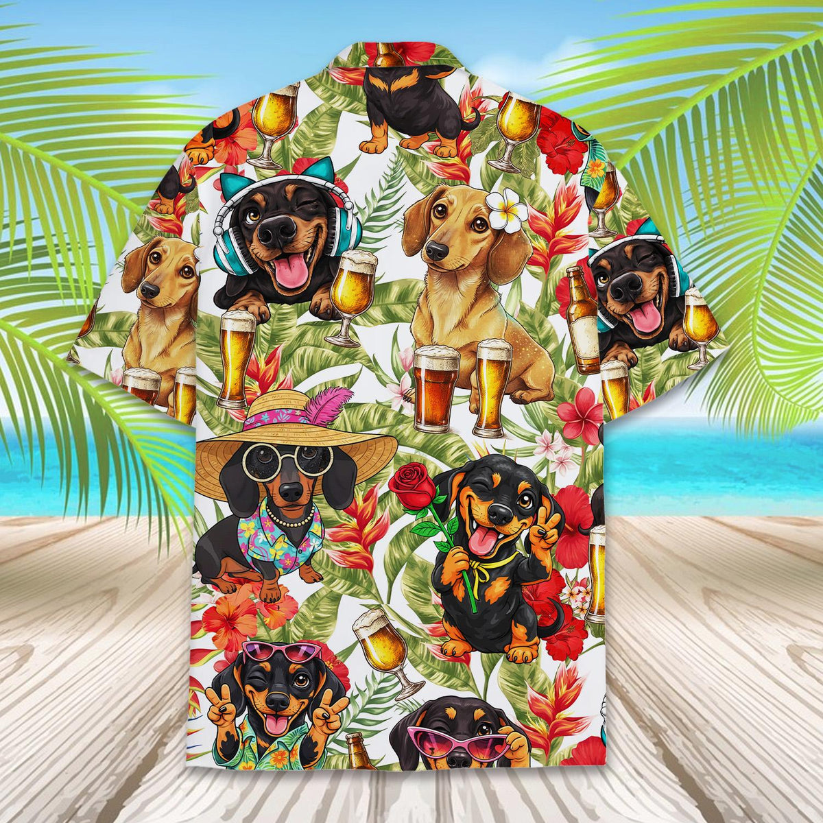 Detailed back view of the dachshund print tropical hawaiian shirt