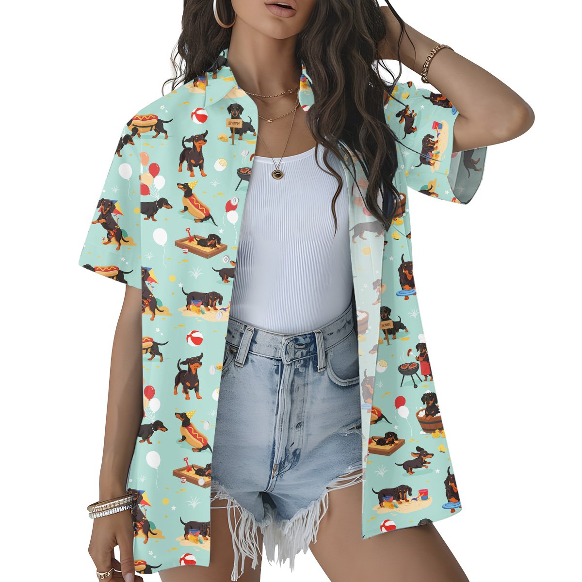Third lifestyle view of people wearing the light blue dachshund dogs hawaiian shirt