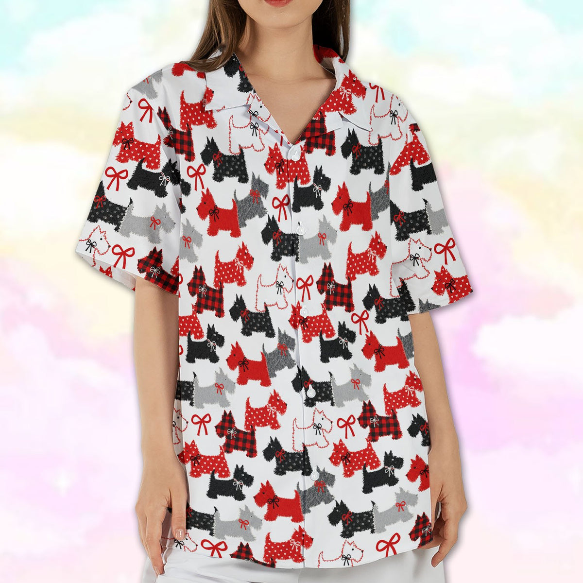 Eighth lifestyle view of the family matching hawaiian shirts with Scottish Terrier dogs