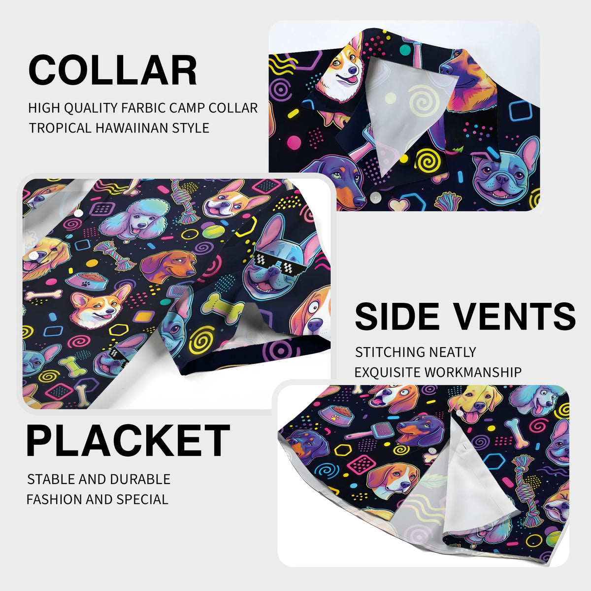 Detailed view showing the hem and lower print of the 80s dog pattern shirt